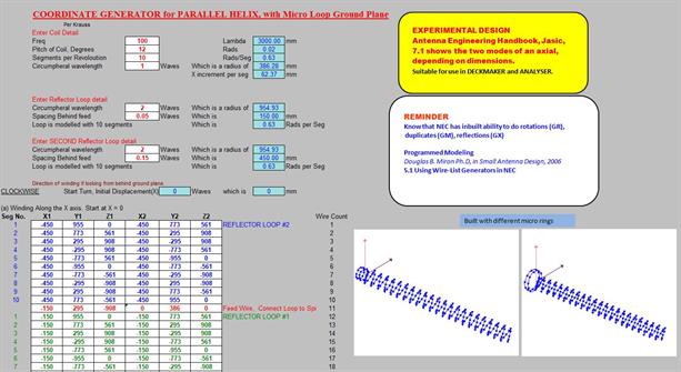 Screenshot of free antenna modelling program XLNEC-2, build sheet for MICRO LOOP HELIX antenna