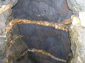 Vein in un-named adit, Normanby area, east of Dargo, Victoria. Dollied sample estimated 1 1/2 oz per tonne