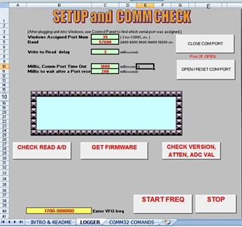 Setup screen, Excel workbook "BG7TBL Spectrum Analyzer" Setup screen, Excel workbook "BG7TBL Spectrum Analyzer"