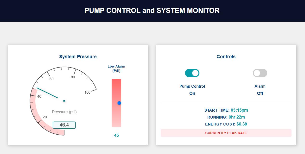 Dashboard for phone or PC with pump control and pressure gauge with settable low pressure alarm