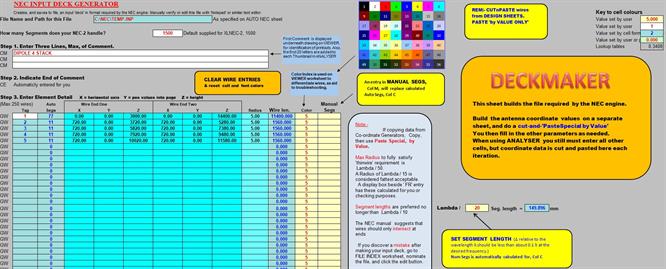 Screenshot of free antenna modelling program XLNEC-2, DECKMAKER page